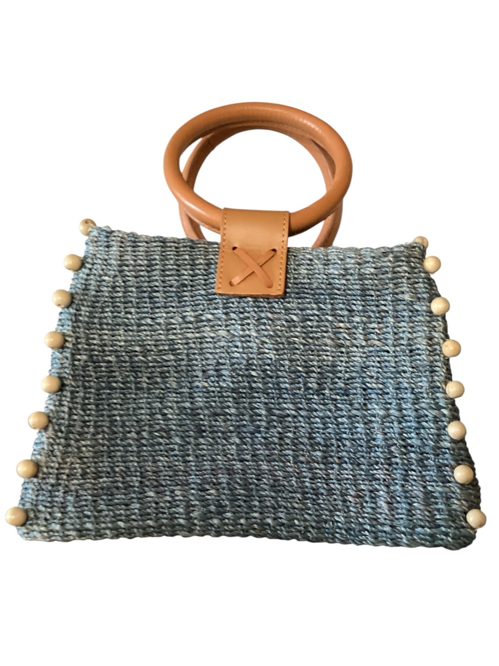 ARNAZ Philippines Blue Woven Straw Handbag Mini Tote Leather Ring Handles Beads - Picture 2 of 14